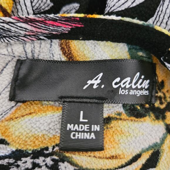 A. Calin Black Floral Stretch Shorts Romper w/ Open Front Maxi Overlay Dress L - Picture 9 of 11